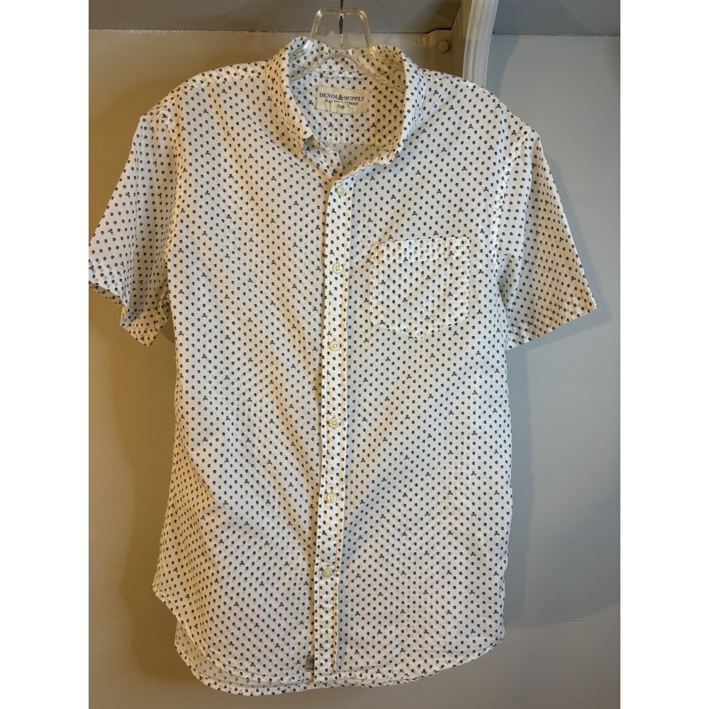 DENIM & SUPPLY Ralph Lauren White Skull Print Short Sleeve Button Up S
